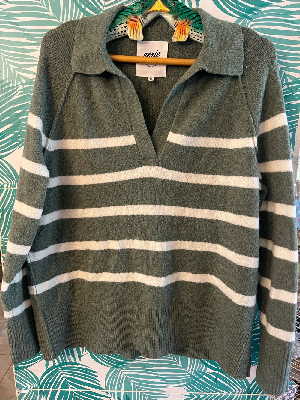 Aerie Unreal Olive & White Striped Polo Oversized V-Neck Collared Sweater XXS